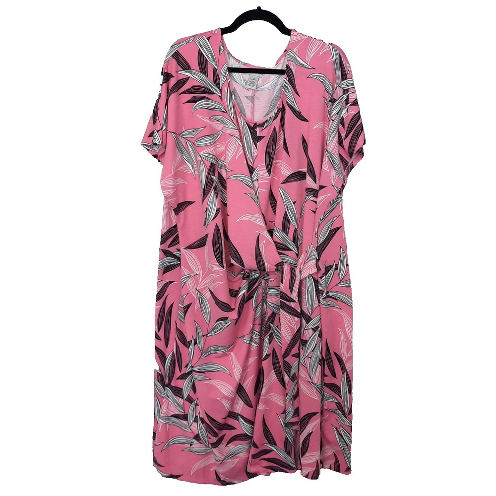 Catherines Faux Wrap Dress Womens 3X Pink Tropical Print Jersey Knit Beachy Boho